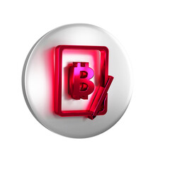 Sticker - Red Mining bitcoin from graphic tablet icon isolated on transparent background. Cryptocurrency mining, blockchain technology service. Silver circle button.