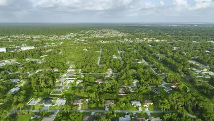 Wall Mural - Landscape view of suburban private houses between green palm trees in Florida quiet rural area