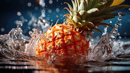 Wall Mural -  a close up of a pineapple with water splashing out of it's center and a blue background.  generative ai