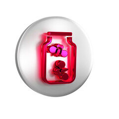 Poster - Red Fireflies bugs in a jar icon isolated on transparent background. Silver circle button.