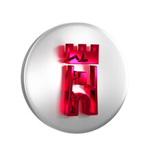 Wall Mural - Red Castle tower icon isolated on transparent background. Fortress sign. Silver circle button.