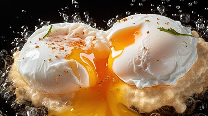 Poster -  a close up of an egg on a piece of bread with water splashing around it on a black background.  generative ai