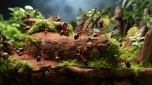  A Group Of Red Ants Standing On Top Of A Moss Covered Rock In Front Of A Group Of Green Plants.  Generative Ai