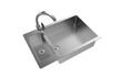 A stainless steel kitchen sink isolated on a white background, equipped with a faucet, and rendered in 3D.
