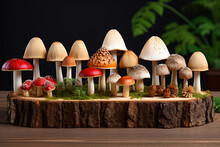 Fresh Forest Mushrooms /Boletus Edulis (king Bolete) / Penny Bun/ Porcini/mushroom In An Old Bowl/plate And Rosemary Parsley Herbs On The Wooden Dark Brown Table, Top View Background Banner