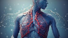 A Transparent Blue Human Body With Circulatory And Respiratory Systems And A Point And Net Cloud In The Background. Medical Or Scientific Background And Title Art. Generative AI.