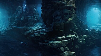 Sticker -  a cave filled with rocks and water next to a cave with a light at the end of the tunnel and a light at the end of the tunnel.  generative ai