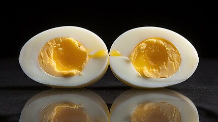  two halves of a hard boiled egg on a black surface with a reflection of the egg in the middle of the image.  generative ai