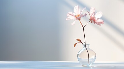 Poster -  two pink flowers in a clear glass vase on a white table with a shadow of a wall in the background.  generative ai