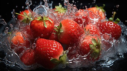 Sticker -  a bunch of strawberries are in a glass bowl with water splashing on the top and bottom of the strawberries.  generative ai