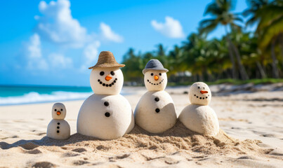 Wall Mural - Family winter holiday. A family of snowmen people relaxing on a tropical beach