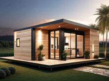 Wooden modern tiny house with flat roof on a green lawn in an eco-friendly place of nature. Tourism, travel, mini hotel, booking, insurance, mortgage, housing, rent, moving.