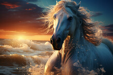 A Beautiful White Wild Horse With Very Long Hair Running In A Soft White Sand Beach By A Deep Blue, And Aquamarine Calmed Ocean At Sunrise. The Colorful Sun Rays Reflecting Magicaly An Making Bright F