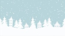 Christmas animation. Winter village. Fairy tale winter landscape. White houses and fir trees under snowfall on light blue background. 