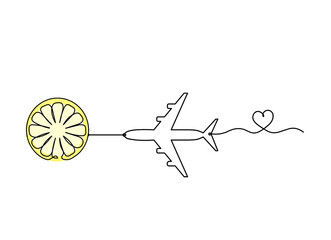 Wall Mural - Color drawing line lemon with plane on the white