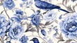  a blue bird sitting on top of a blue and white flower filled wallpaper covered in blue and white flowers.  generative ai
