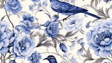  A Blue Bird Sitting On Top Of A Blue And White Flower Filled Wallpaper Covered In Blue And White Flowers.  Generative Ai