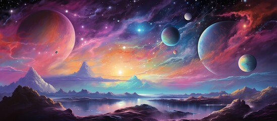 Outer space sky with light neon stars background. AI generated image