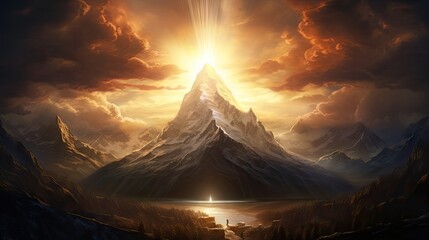 Wall Mural -  a painting of a mountain with a light coming out of the top of it in the middle of the night.  generative ai