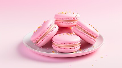  a plate of pink macaroons with sprinkles on a pink background with confetti around them.  generative ai