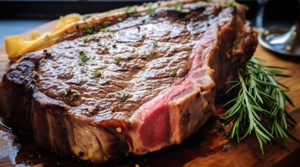 Sticker -  a close up of a piece of steak on a wooden cutting board with a sprig of parsley.  generative ai