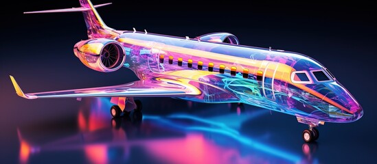 Wall Mural - Colorful holographic airplane transportation on dark background. AI generated image