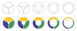 Wheels round divided, three sections. Diagrams infographic set. Circle section graph art. Pie chart icons. Donut multicolored charts, pies segmented on 3 equal parts. Geometric vector simple elements.