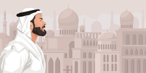 Wall Mural - Arabic man, middle east male character. Traditional mosque cityscape panoramic view. Young handsome muslim, serious person having beard and mustache, white traditional clothes. Vector illustration.