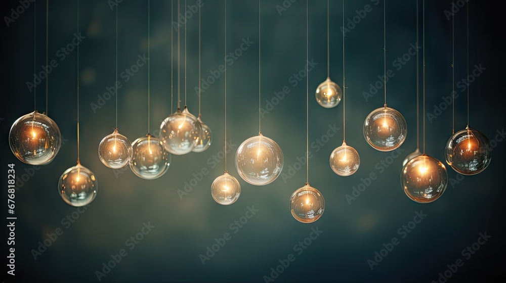 a group of light bulbs hanging from a string in a dark room with a blue ...