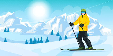 Wall Mural - Skier man in warm yellow clothes standing on snow hill near mountain. Snowy scenic landscape, winter active lifestyle resort. Seasonal vacation, sport outdoor activity. Vector illustration