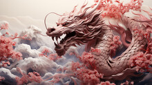 Chinese Dragon, Chinese Zodiac.illustration Fantasy Anime Manga Pink Dragon With Pink Cherry Blossom Flower And Tree For Chinese New Year 2024 Asian Celebration, Generative Ai.