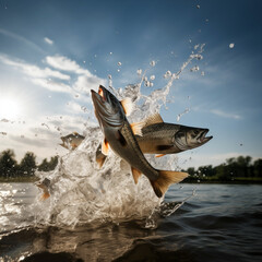 School of tuna fish splashing jumping out of water. Generative AI