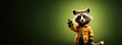 cute cartoon character raccoon points paw at copy space on an green isolated background