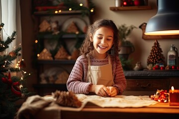 Sticker - A young girl in an apron is preparing Christmas cookies in the kitchen.