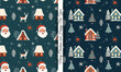 Set of winter seamless patterns with cute santa and houses. Scandinavian Christmas pattern. Winter background