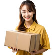 Asian woman smiling hand holding a cardboard box isolated on white background