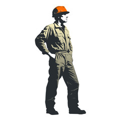 Sticker - Construction worker poses wearing helmet and khaki work overall. Warehouse worker in uniform. Transparent PNG. Retro clipart. Worker silhouette. Abstract vector illustration isolated on white