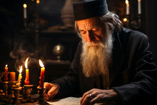 Old Greek Orthodox Priest With Long Beard And Hat Reads The Holy Bible In A Church By Candlelight
