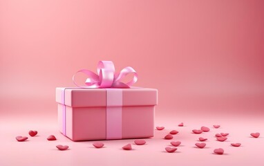 Pink background banner with a gift box surrounded by little felt hearts. Copy space at the right. Valentines day, engagement or wedding party poster. AI Generative