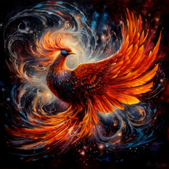 Wall Mural - Fire bird, phoenix, mythology. Metaphor of rebirth. AI generative