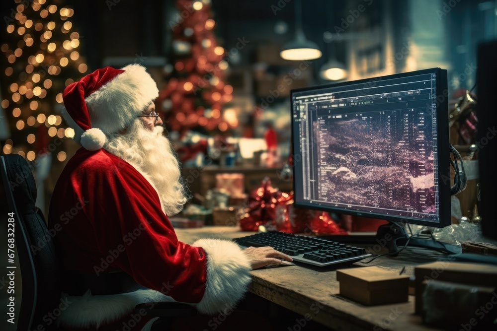 Santa Claus sitting at a desk in front of a computer. This image can be ...