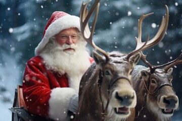 Poster - A festive image of Santa Claus riding in a sleigh with reindeers. Perfect for Christmas-themed designs and holiday promotions