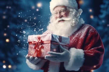 Poster - Santa Claus holding a red gift box. Perfect for Christmas and holiday themes