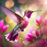Foto hiperrealista de colibrí rosado en vuelo