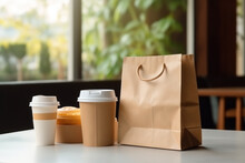 Fast food packaging set. Empty open food box, paper coffee cups, brown paper bag on the table