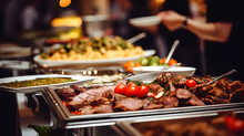 People Group Catering Buffet Food Indoor In Restaurant With Meat Colorful Fruits And Vegetables.