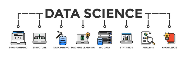 Data science banner web icon vector illustration concept with icon of programming, structure, data mining, machine learning, big data, statistics, analysis, knowledge