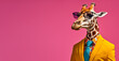 canvas print picture - Cool looking giraffe wearing funky fashion dress - jacket, shirt, tie, sunglasses. Wide banner with space for text at side. Stylish animal posing. Generative AI