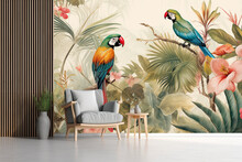 Casual Armchair In Front Of A Wallpaper Featuring A Tropical Scenery With Two Parrots