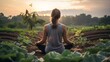 A farmer stops in her organic lettuce garden to meditate, finding in nature a haven of calm and peace while practicing mindfulness